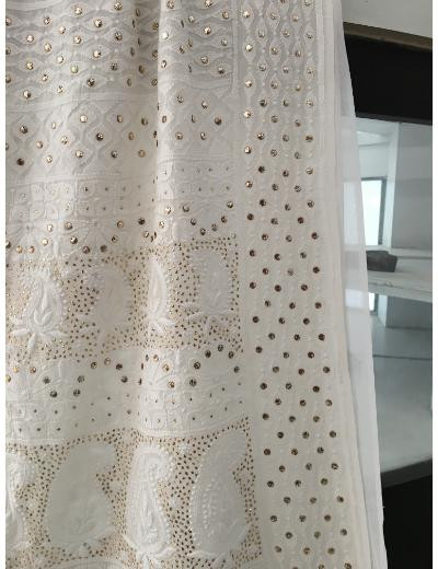 Chhangamal Hand Embroidered White Colour Pure Georgette  Chikankari Saree Piece