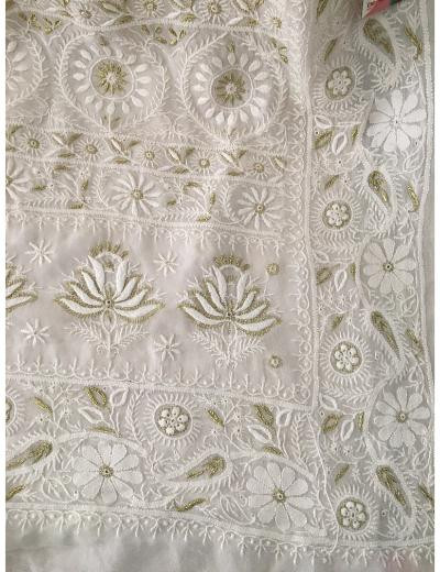 Chhangamal Hand Embroidered White Colour Pure Georgette  Chikankari Saree Piece