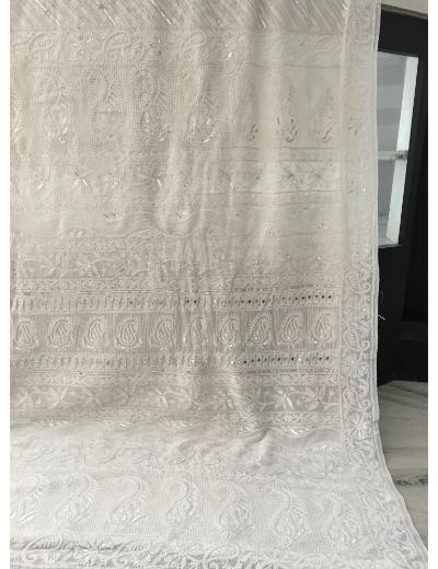 Chhangamal Hand Embroidered White Colour Pure Georgette  Chikankari Saree Piece