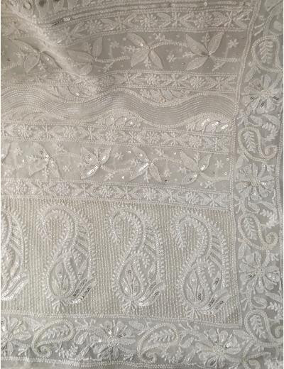 Chhangamal Hand Embroidered White Colour Pure Georgette  Chikankari Saree Piece