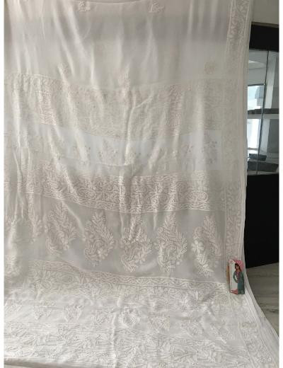 Chhangamal Hand Embroidered White Colour Pure Georgette  Chikankari Saree Piece