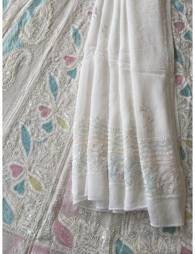 White Pure Georgette Chikankari Anaarkali & Dupatta