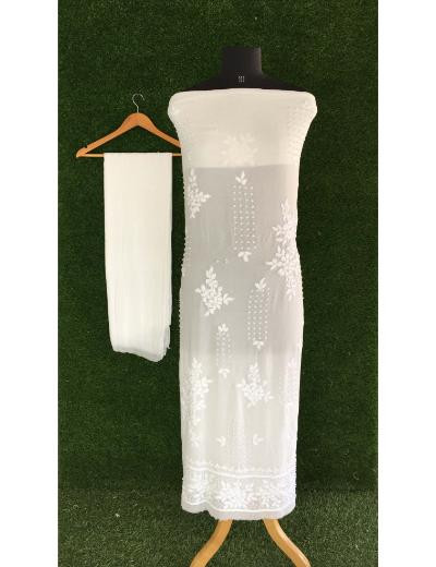 Chhangamal Hand Embroidered White Colour Pure Georgette Chikankari Kurta Dupatta Piece