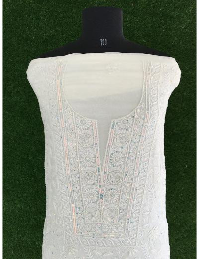 Chhangamal Hand Embroidered White Colour Pure Georgette Chikankari Kurta Dupatta Piece