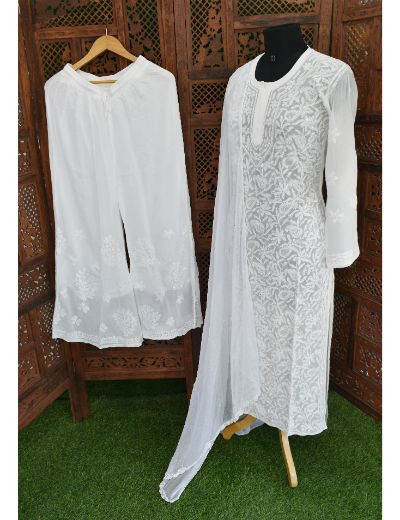 Chhangamal Hand Embroidered White Colour Pure Georgette Chikankari Kurta Set