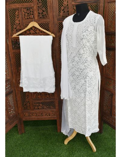 Chhangamal Hand Embroidered White Colour Pure Georgette Chikankari Kurta Set