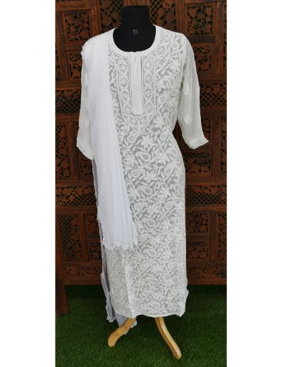 Chhangamal Hand Embroidered White Colour Pure Georgette Chikankari Kurta Set