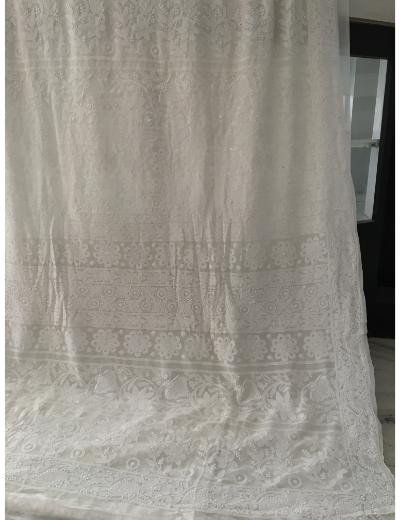 Chhangamal Hand Embroidered White Colour Pure Georgette Chikankari Saree