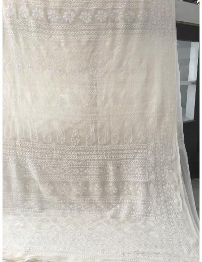 Chhangamal Hand Embroidered White Colour Pure Georgette Chikankari Saree