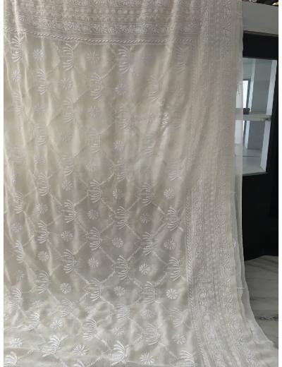 Chhangamal Hand Embroidered White Colour Pure Georgette Chikankari Saree