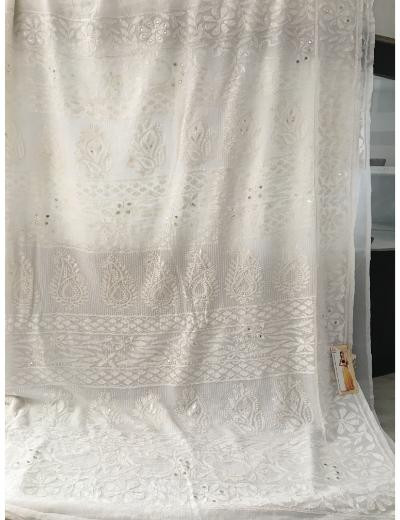 Chhangamal Hand Embroidered White Colour Pure Georgette Chikankari Saree