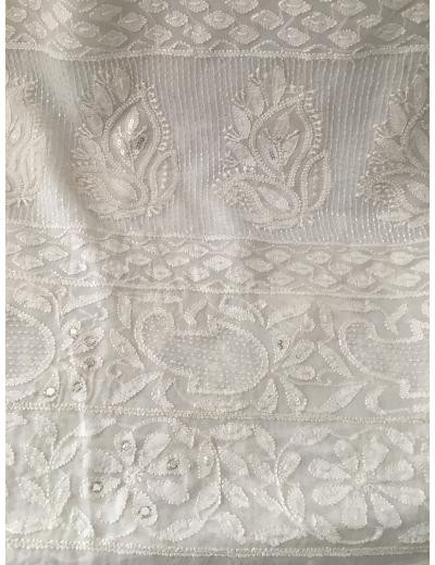 Chhangamal Hand Embroidered White Colour Pure Georgette Chikankari Saree