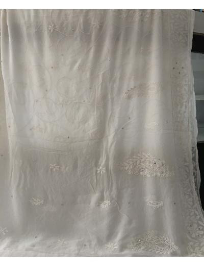 Chhangamal Hand Embroidered White Colour Pure Georgette Chikankari Saree
