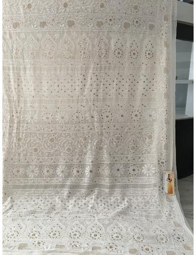 Chhangamal Hand Embroidered White Colour Pure Georgette Chikankari Saree