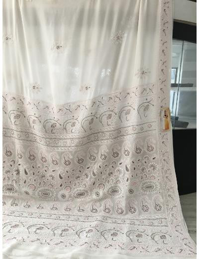 Chhangamal Hand Embroidered White Colour Pure Georgette Chikankari Saree