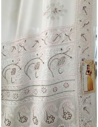 Chhangamal Hand Embroidered White Colour Pure Georgette Chikankari Saree