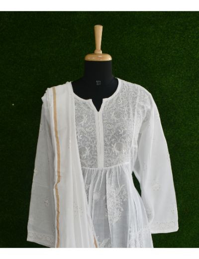 Chhangamal Hand Embroidered White Colour Semi stitched Mulmul Chanderi Chikankari Suit