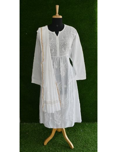 Chhangamal Hand Embroidered White Colour Semi stitched Mulmul Chanderi Chikankari Suit
