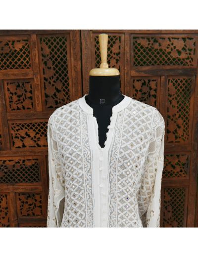 Chhangamal Hand Embroidered White Colour Semi stitched Pure Georgette Chikankari Suit