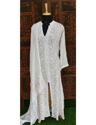 Chhangamal Hand Embroidered White Colour Semi stitched Pure Georgette Chikankari Suit