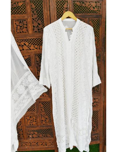 Chhangamal Hand Embroidered White Colour Semi stitched Pure Georgette Chikankari Suit