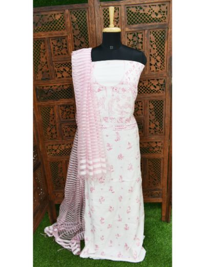 Chhangamal Hand Embroidered White Colour Unstitched Chanderi Chikankari Suit Length