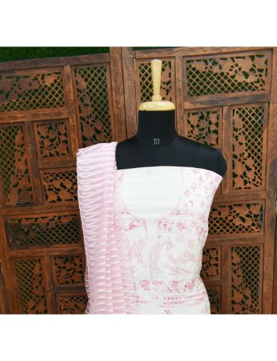 Chhangamal Hand Embroidered White Colour Unstitched Chanderi Chikankari Suit Length