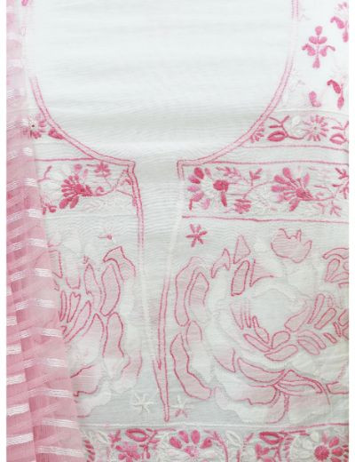 Chhangamal Hand Embroidered White Colour Unstitched Chanderi Chikankari Suit Length