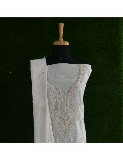 Chhangamal Hand Embroidered White Colour Unstitched Cotten Chanderi Chikankari Suit Length