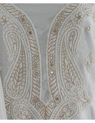Chhangamal Hand Embroidered White Colour Unstitched Cotten Chanderi Chikankari Suit Length