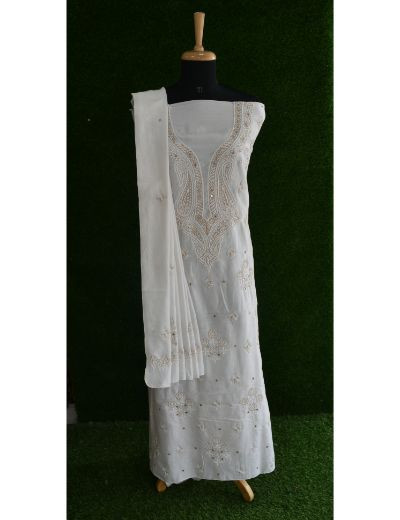 Chhangamal Hand Embroidered White Colour Unstitched Cotten Chanderi Chikankari Suit Length
