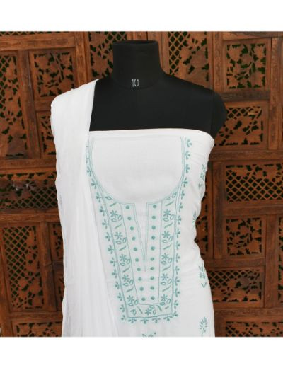 Chhangamal Hand Embroidered White Colour Unstitched Modal Chikankari Suit Length