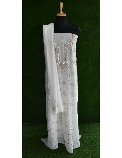 Chhangamal Hand Embroidered White Colour Unstitched Pure Georgette Chikankari Suit Length