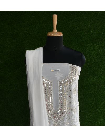 Chhangamal Hand Embroidered White Colour Unstitched Pure Georgette Chikankari Suit Length