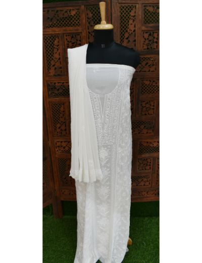 Chhangamal Hand Embroidered White Colour Unstitched Pure Georgette Chikankari Suit Length