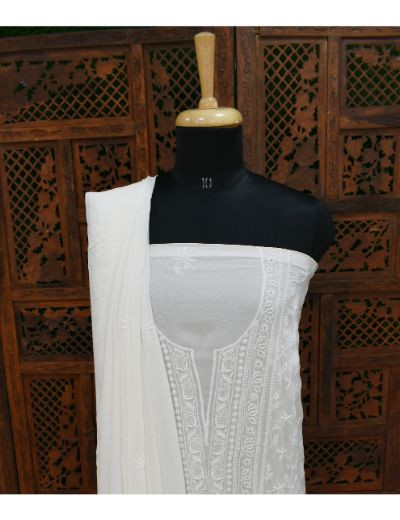 Chhangamal Hand Embroidered White Colour Unstitched Pure Georgette Chikankari Suit Length