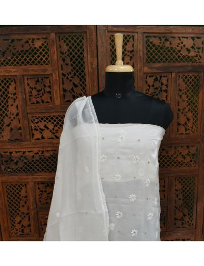 Chhangamal Hand Embroidered White Colour Unstitched Pure Organza Chikankari Suit Length
