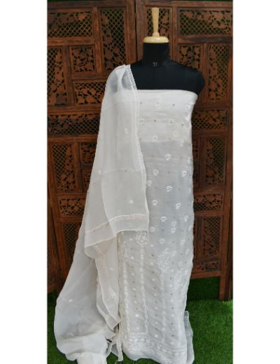 Chhangamal Hand Embroidered White Colour Unstitched Pure Organza Chikankari Suit Length
