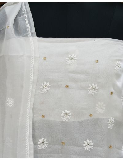 Chhangamal Hand Embroidered White Colour Unstitched Pure Organza Chikankari Suit Length