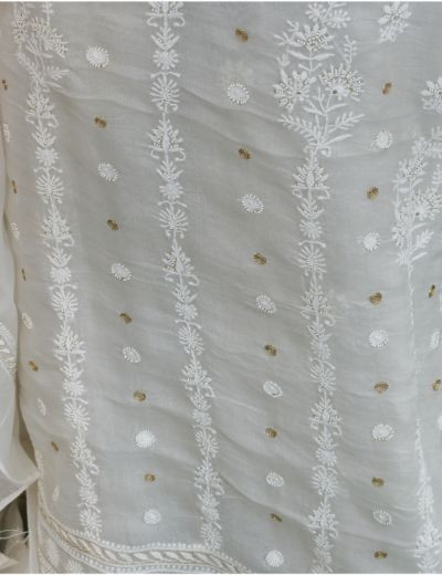 Chhangamal Hand Embroidered White Colour Unstitched Pure Organza Chikankari Suit Length