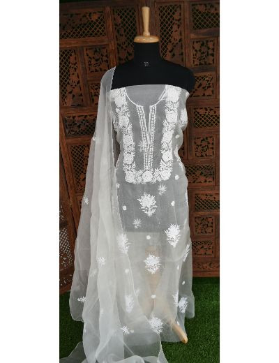 Chhangamal Hand Embroidered White Colour Unstitched Pure Organza Chikankari Suit Length