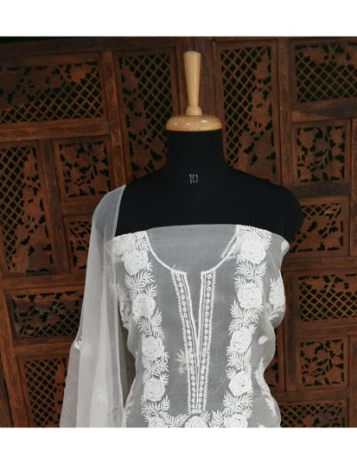 Chhangamal Hand Embroidered White Colour Unstitched Pure Organza Chikankari Suit Length