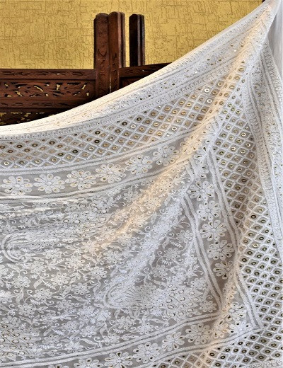 Chhangamal Hand Embroidered White Pure Georgette Chikankari Saree