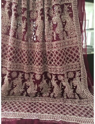 Chhangamal Hand Embroidered Wine  Colour Georgette Chikankari Saree