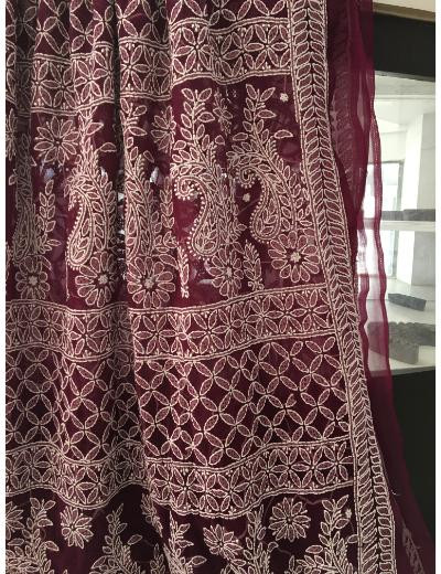Chhangamal Hand Embroidered Wine  Colour Georgette Chikankari Saree
