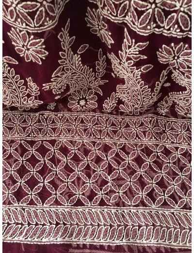 Chhangamal Hand Embroidered Wine  Colour Georgette Chikankari Saree