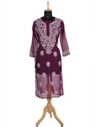 Chhangamal Hand Embroidered Wine Colour Faux Georgette Chikankari Kurti 0523