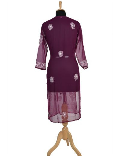 Chhangamal Hand Embroidered Wine Colour Faux Georgette Chikankari Kurti 0523