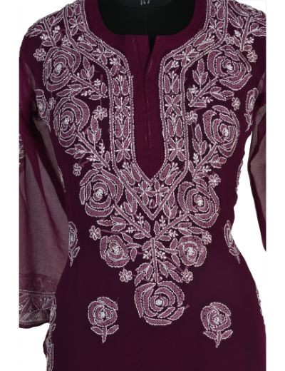 Chhangamal Hand Embroidered Wine Colour Faux Georgette Chikankari Kurti 0523