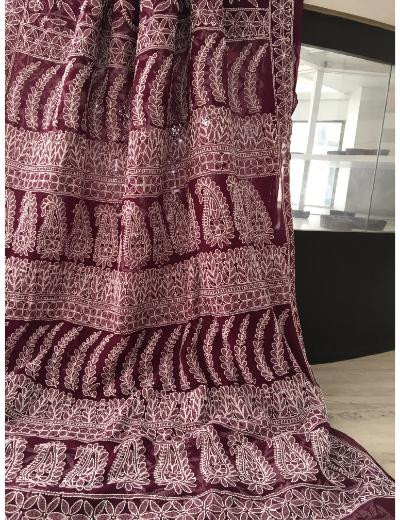 Chhangamal Hand Embroidered Wine Colour Georgette Chikankari Saree